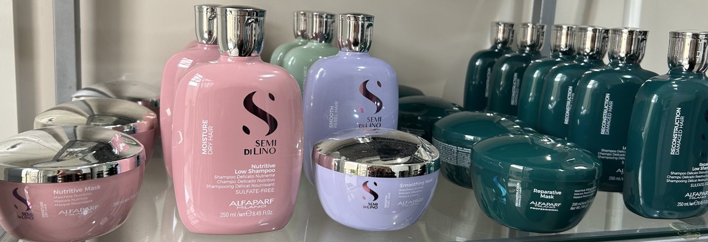 Professional shampoo and treatment range on display in the salon