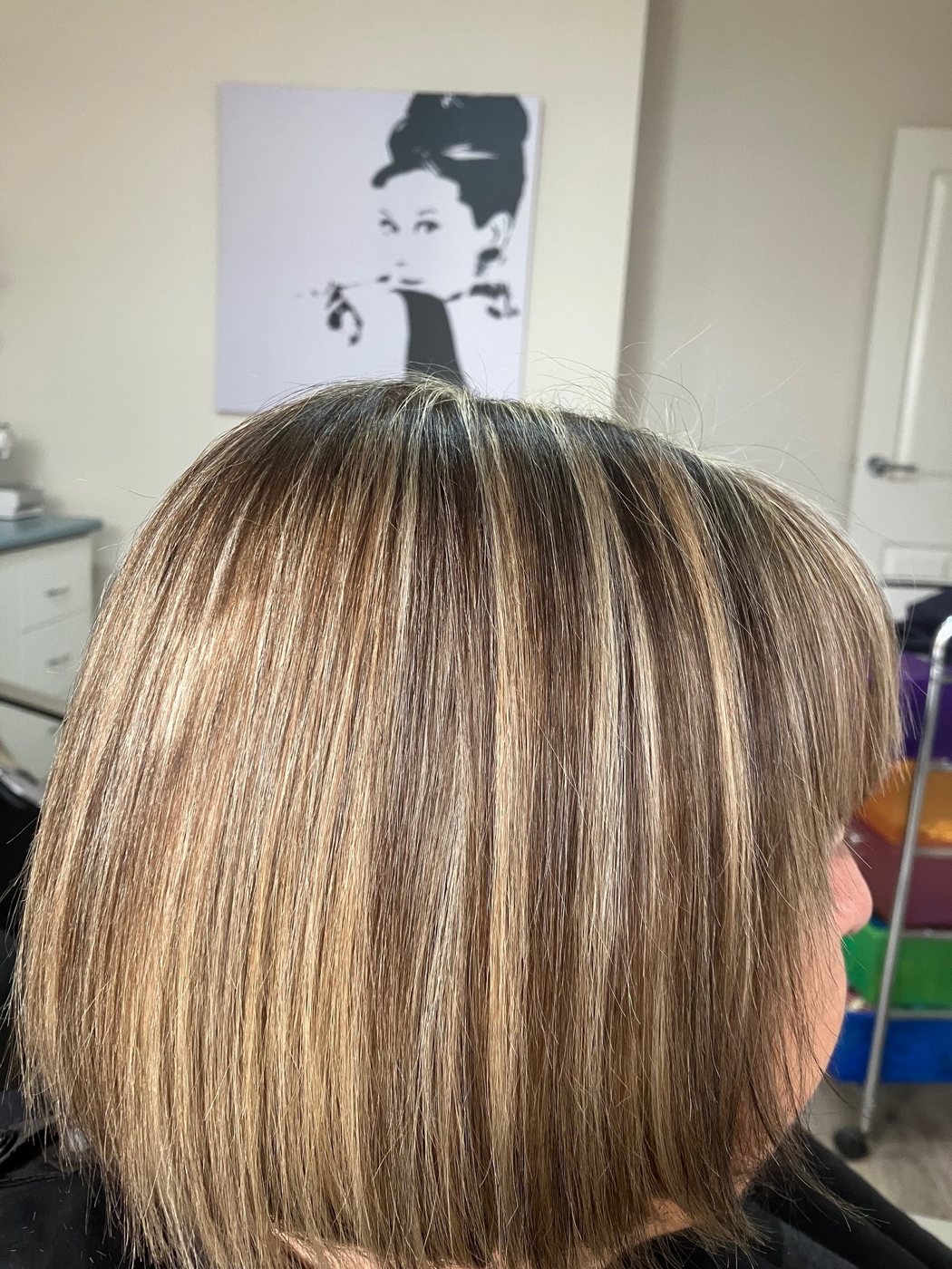 Blonde highlights through a layered bob